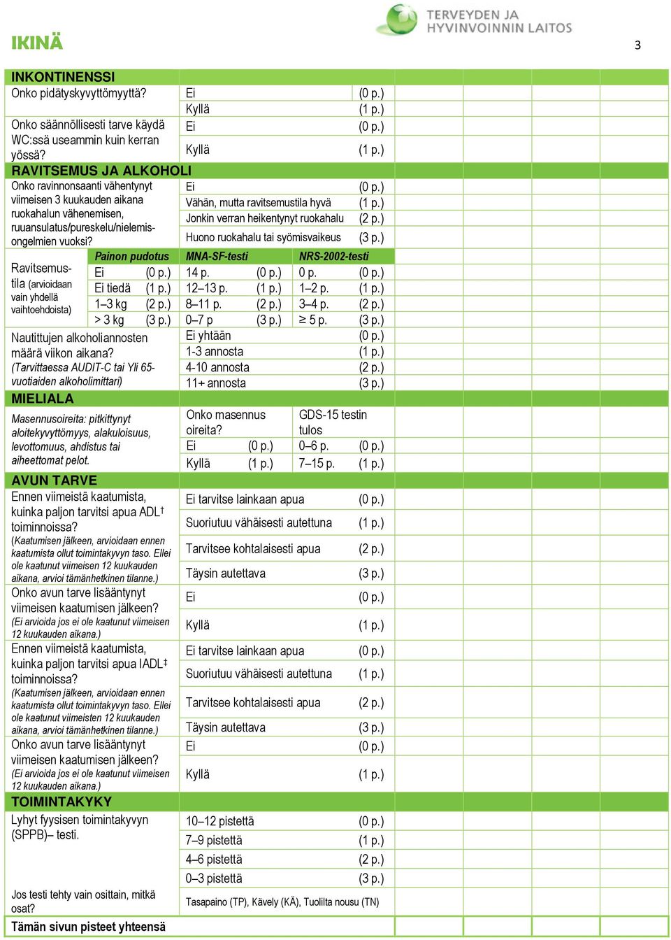 ruuansulatus/pureskelu/nielemisongelmien vuoksi? Huono ruokahalu tai syömisvaikeus Painon pudotus MNA-SF-testi NRS-2002-testi Ravitsemus- 14 p. 0 p. tila (arvioidaan tiedä 12 13 p. 1 2 p.