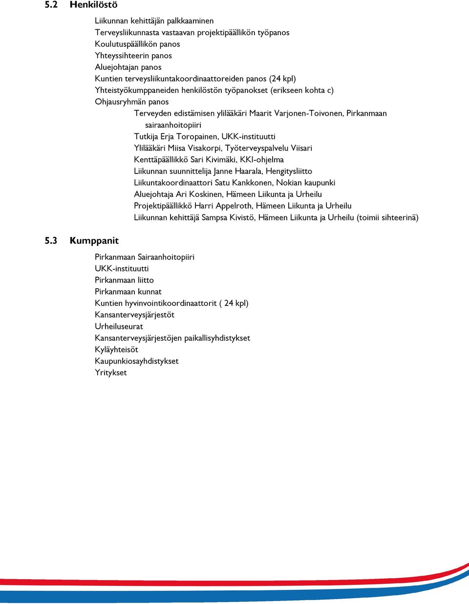 terveysliikuntakoordinaattoreiden panos (24 kpl) Yhteistyökumppaneiden henkilöstön työpanokset (erikseen kohta c) Ohjausryhmän panos Terveyden edistämisen ylilääkäri Maarit Varjonen-Toivonen,