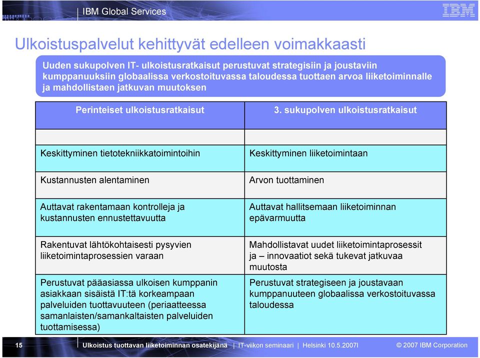 sukupolven ulkoistusratkaisut Keskittyminen tietotekniikkatoimintoihin Keskittyminen liiketoimintaan Kustannusten alentaminen Arvon tuottaminen Auttavat rakentamaan kontrolleja ja kustannusten