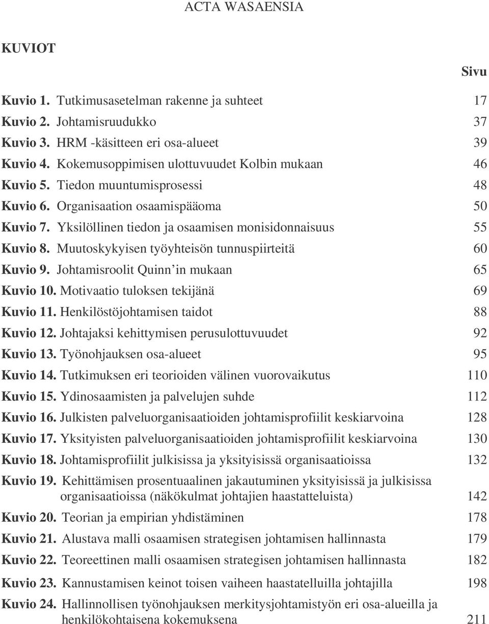 Muutoskykyisen työyhteisön tunnuspiirteitä 60 Kuvio 9. Johtamisroolit Quinn in mukaan 65 Kuvio 10. Motivaatio tuloksen tekijänä 69 Kuvio 11. Henkilöstöjohtamisen taidot 88 Kuvio 12.