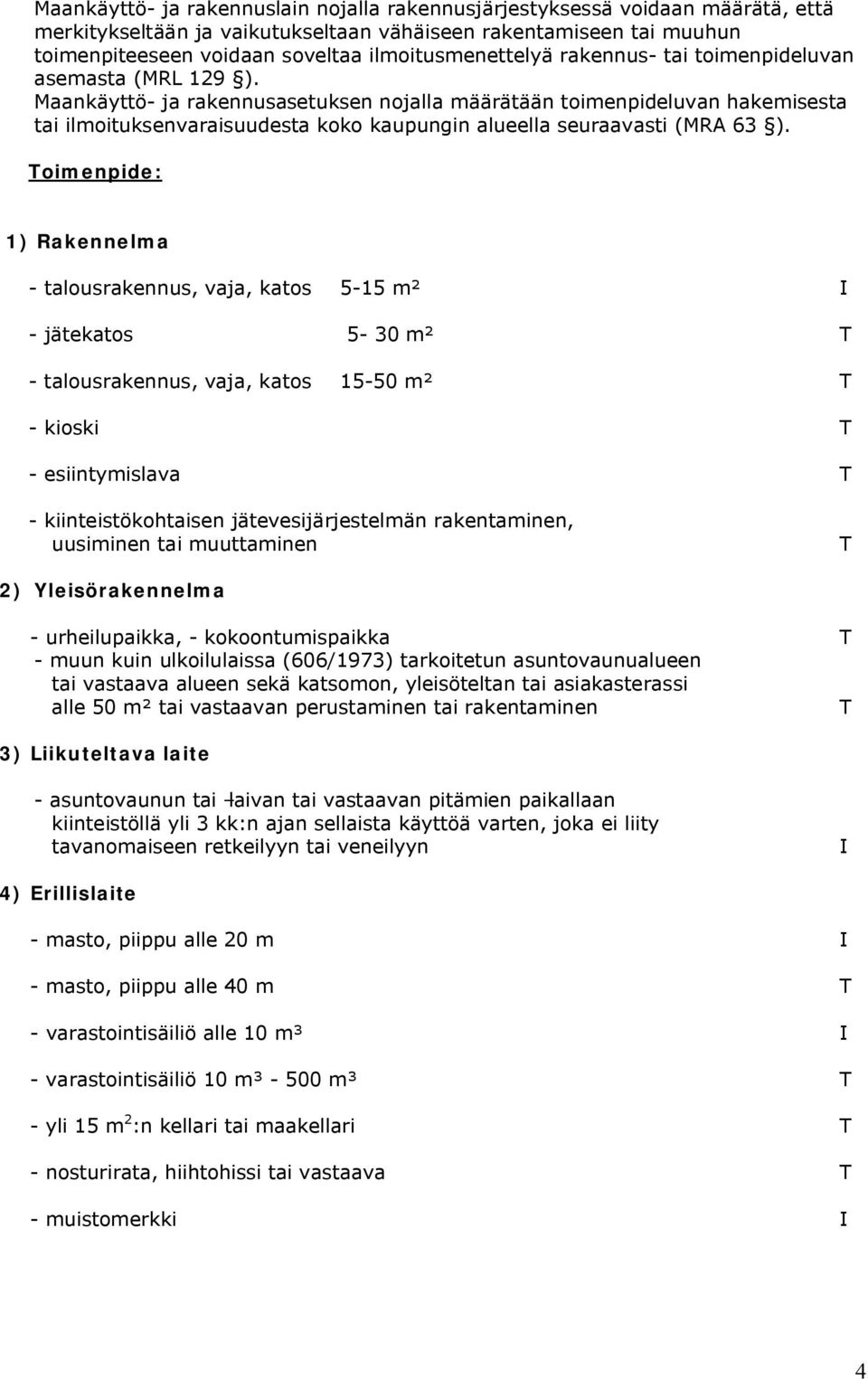 Maankäyttö- ja rakennusasetuksen nojalla määrätään toimenpideluvan hakemisesta tai ilmoituksenvaraisuudesta koko kaupungin alueella seuraavasti (MRA 63 ).