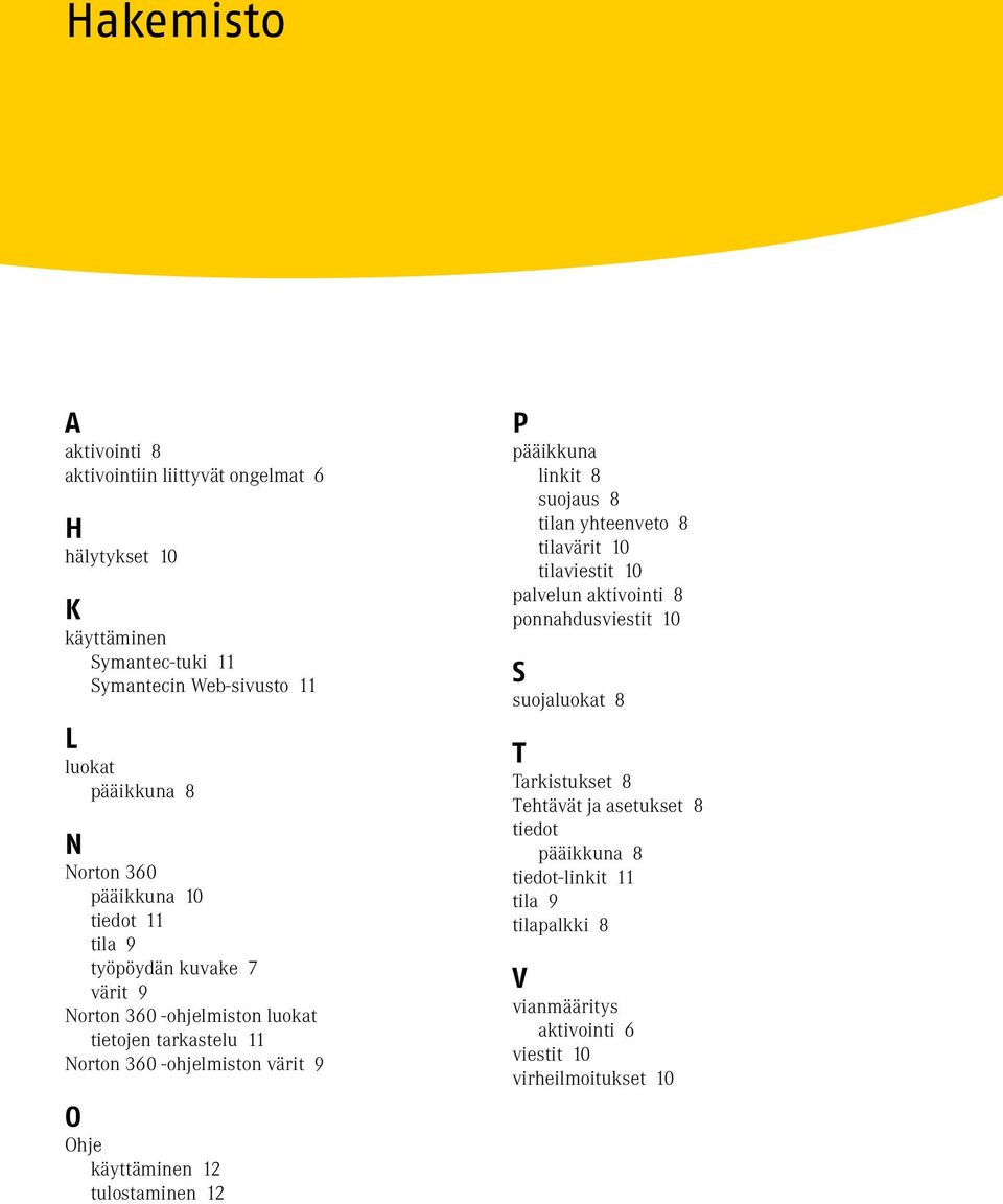 Ohje käyttäminen 12 tulostaminen 12 P pääikkuna linkit 8 suojaus 8 tilan yhteenveto 8 tilavärit 10 tilaviestit 10 palvelun aktivointi 8 ponnahdusviestit 10 S