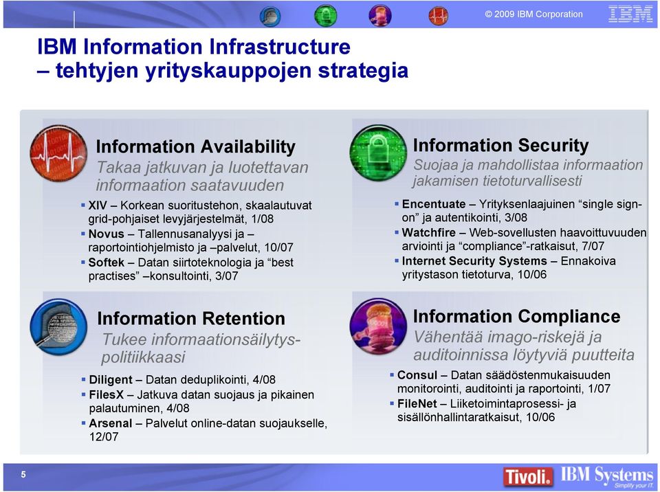 Tukee informaationsäilytyspolitiikkaasi Diligent Datan deduplikointi, 4/08 FilesX Jatkuva datan suojaus ja pikainen palautuminen, 4/08 Arsenal Palvelut online-datan suojaukselle, 12/07 Information