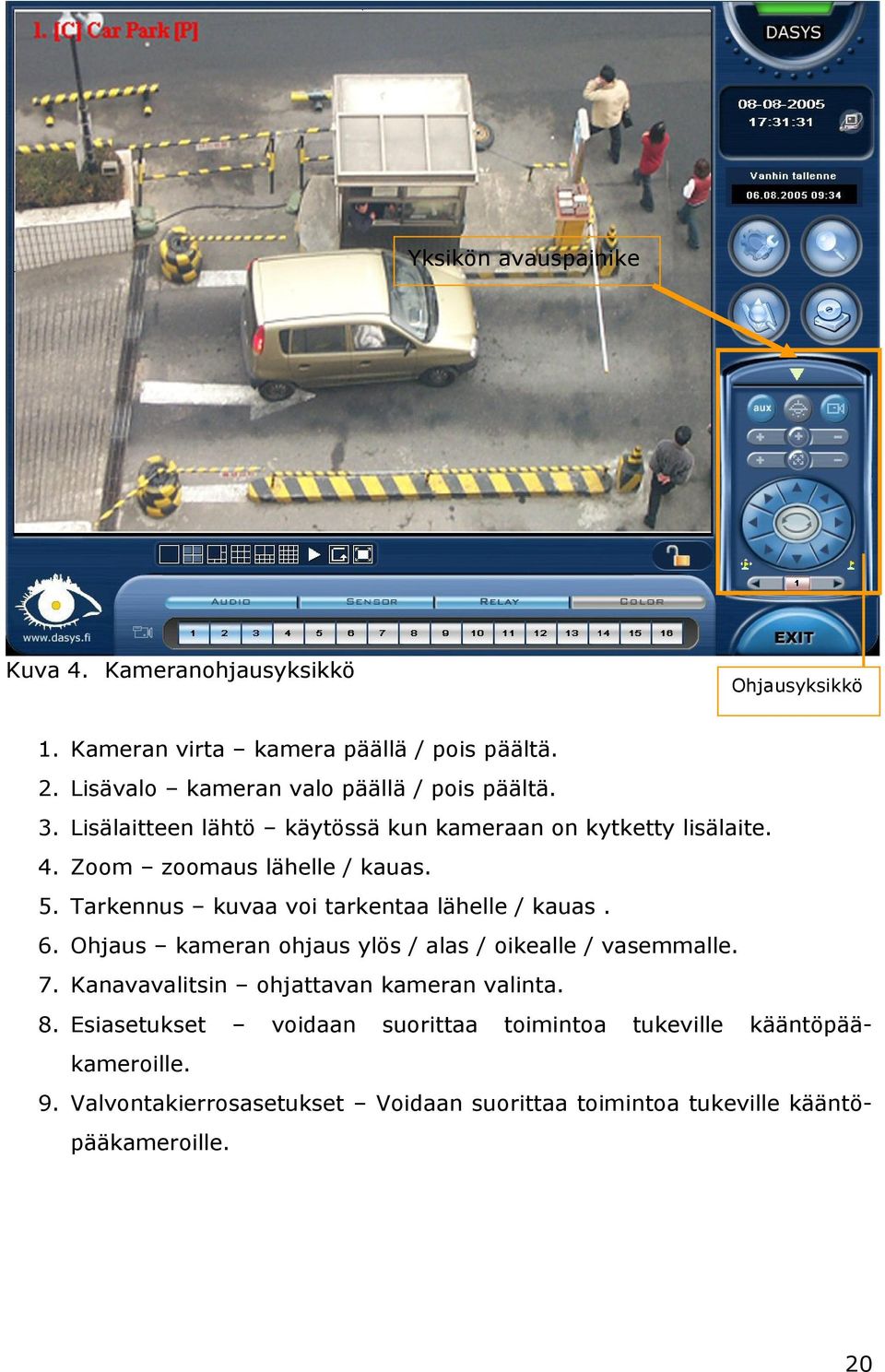 5. Tarkennus kuvaa voi tarkentaa lähelle / kauas. 6. Ohjaus kameran ohjaus ylös / alas / oikealle / vasemmalle. 7.