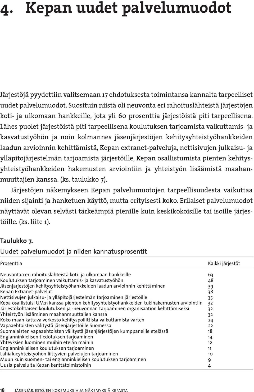 Lähes puolet järjestöistä piti tarpeellisena koulutuksen tarjoamista vaikuttamis- ja kasvatustyöhön ja noin kolmannes jäsenjärjestöjen kehitysyhteistyöhankkeiden laadun arvioinnin kehittämistä, Kepan