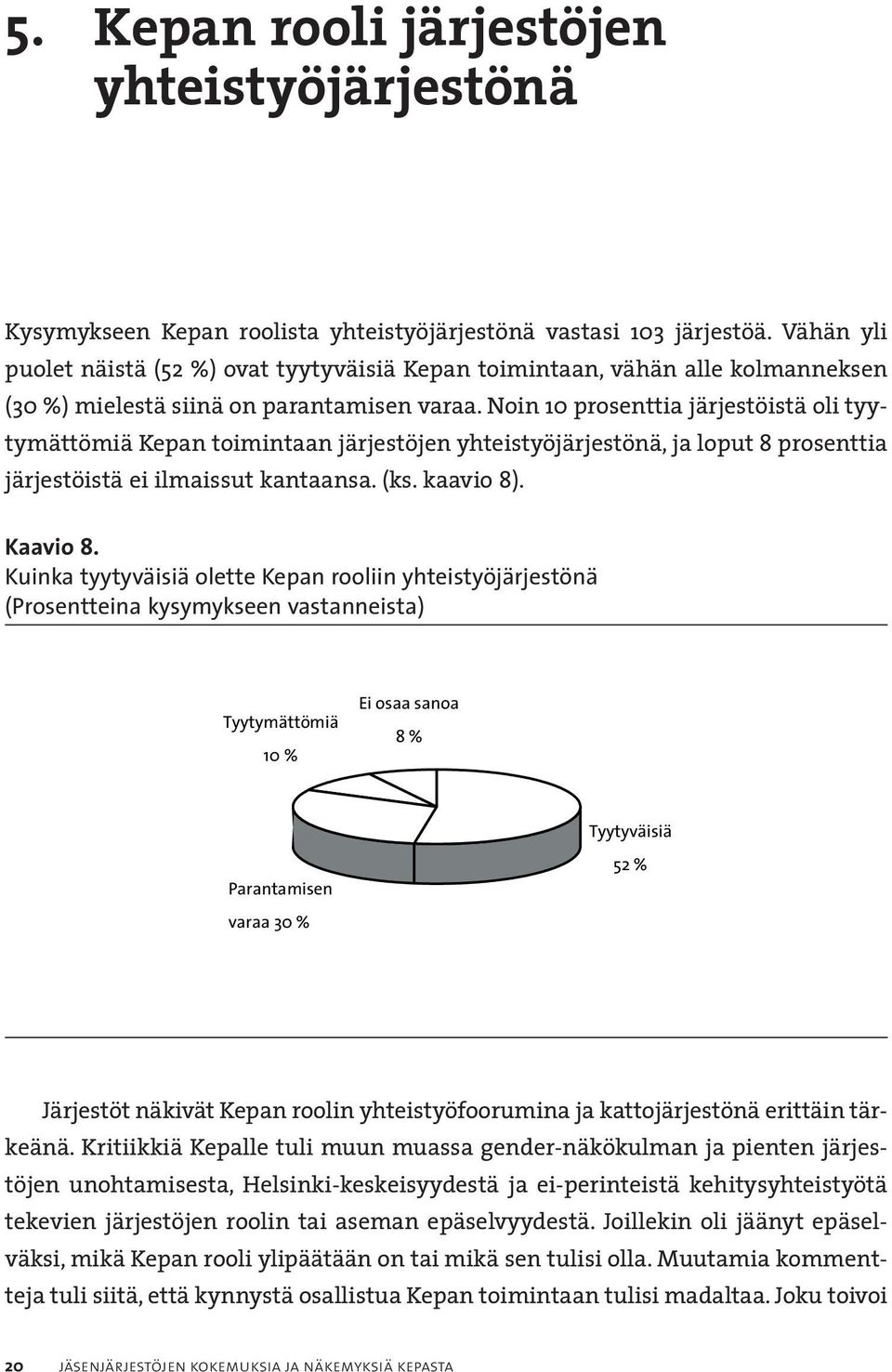 Noin 10 prosenttia järjestöistä oli tyytymättömiä Kepan toimintaan järjestöjen yhteistyöjärjestönä, ja loput 8 prosenttia järjestöistä ei ilmaissut kantaansa. (ks. kaavio 8). Kaavio 8.