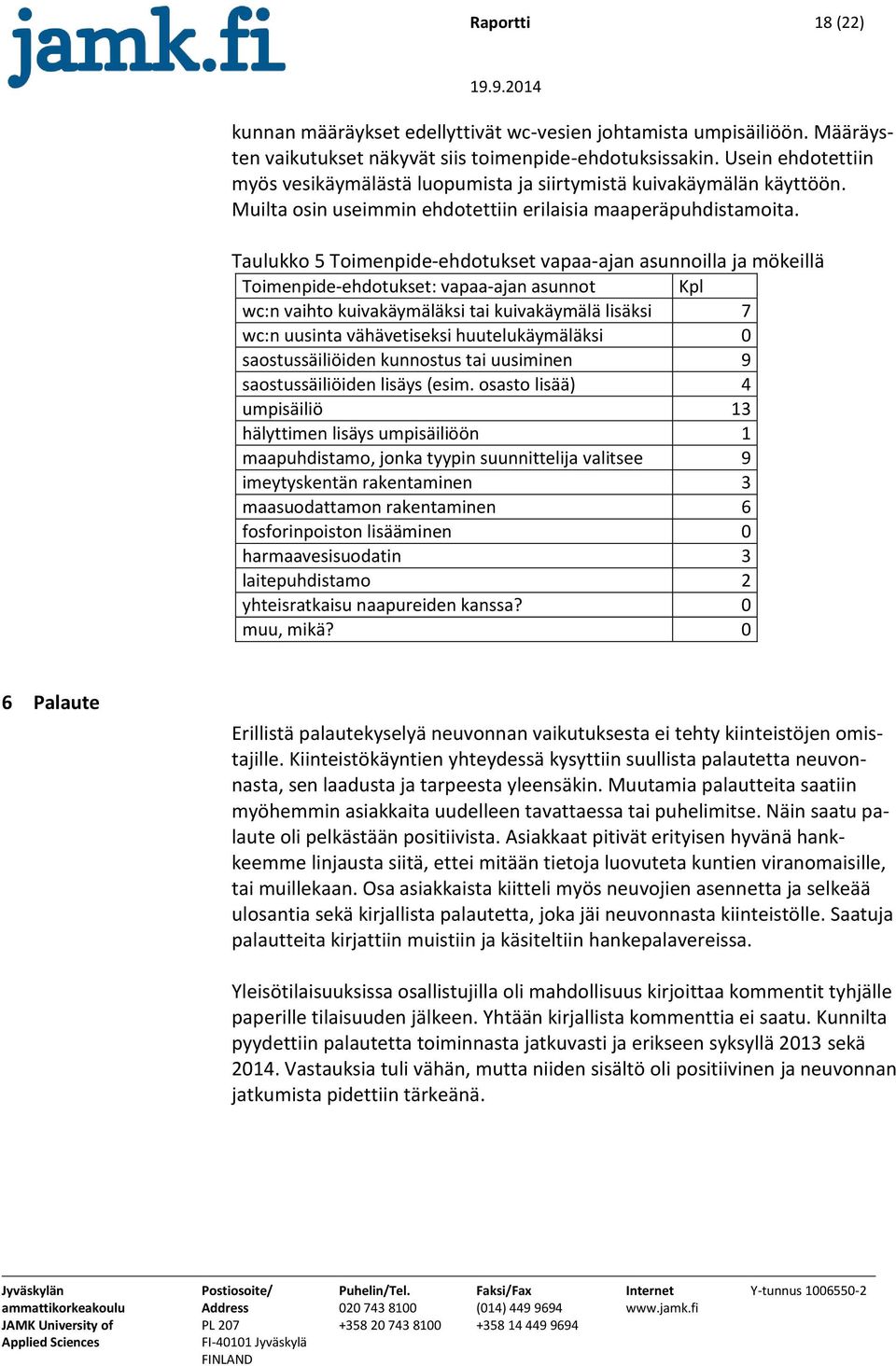 Taulukko 5 Toimenpide-ehdotukset vapaa-ajan asunnoilla ja mökeillä Toimenpide-ehdotukset: vapaa-ajan asunnot Kpl wc:n vaihto kuivakäymäläksi tai kuivakäymälä lisäksi 7 wc:n uusinta vähävetiseksi