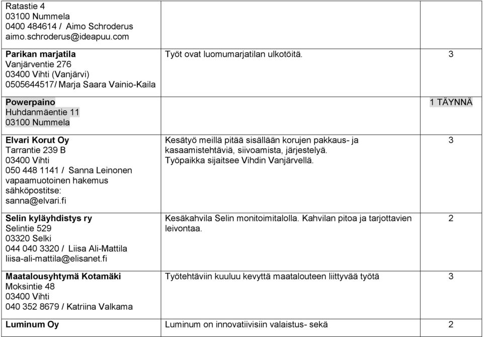 1 TÄYNNÄ Elvari Korut Oy Tarrantie 29 B 0400 Vihti 050 448 1141 / Sanna Leinonen vapaamuotoinen hakemus sähköpostitse: sanna@elvari.