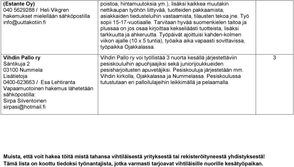 ), lisäksi kaikkea muutakin nettikaupan työhön liittyvää, tuotteiden pakkaamista, asiakkaiden tiedusteluihin vastaamista, tilausten tekoa jne. Työ sopii 15-17-vuotiaalle.