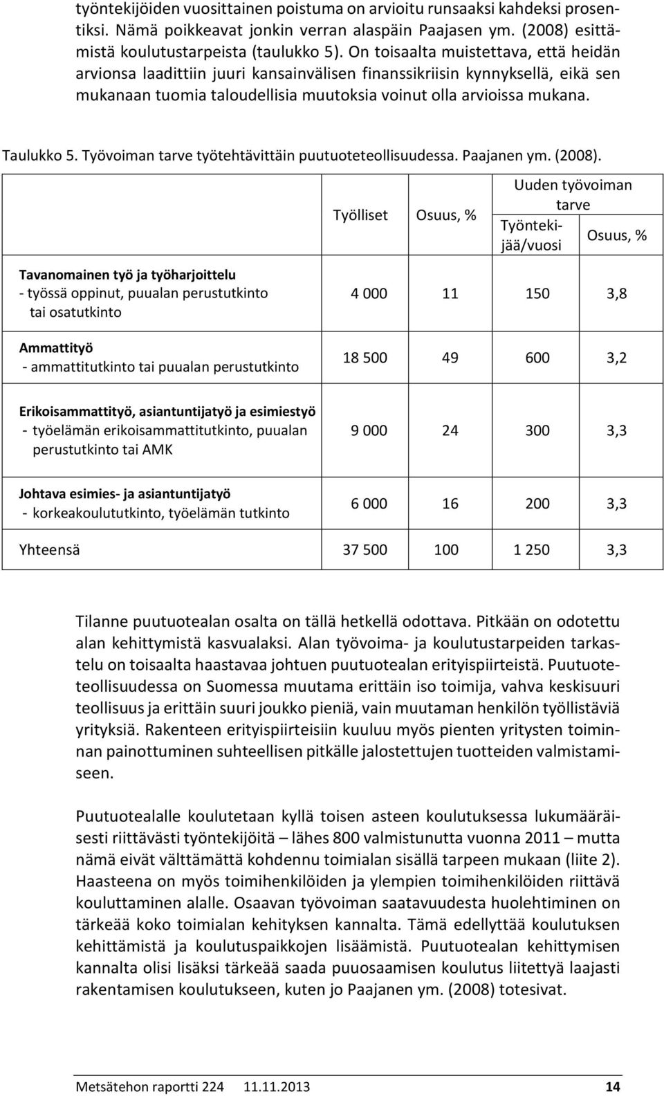 Työvoiman tarve työtehtävittäin puutuoteteollisuudessa. Paajanen ym. (2008).