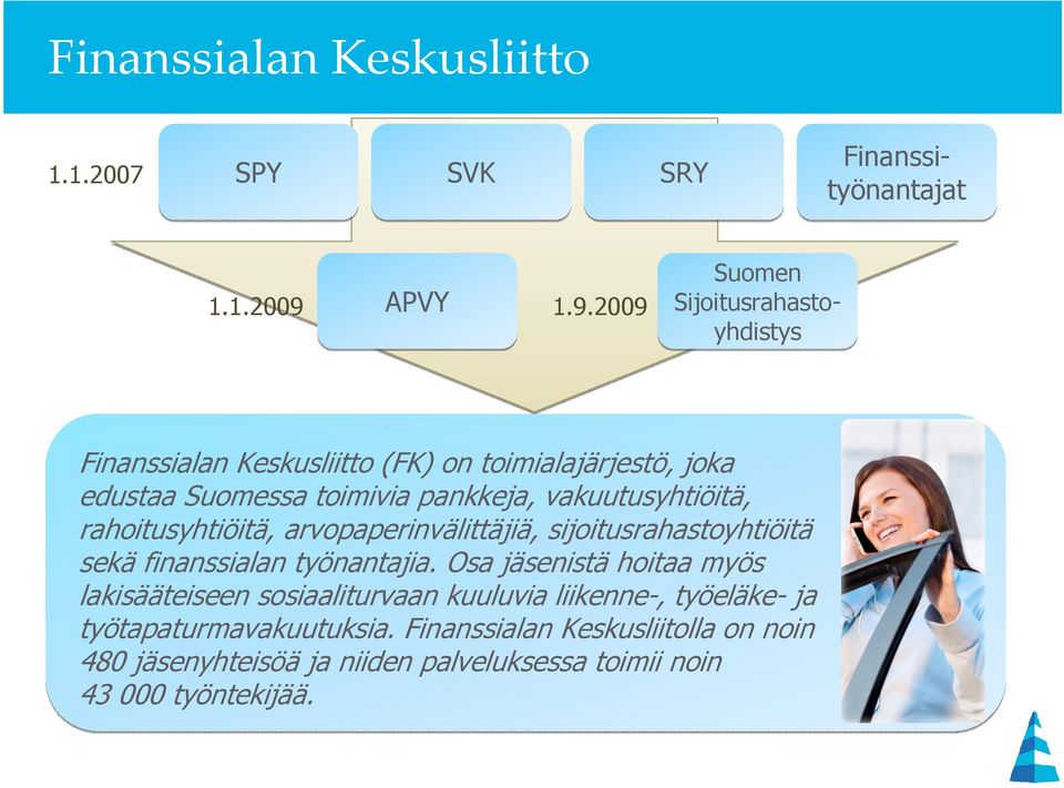 vakuutusyhtiöitä, rahoitusyhtiöitä, arvopaperinvälittäjiä, sijoitusrahastoyhtiöitä sekä finanssialan työnantajia.