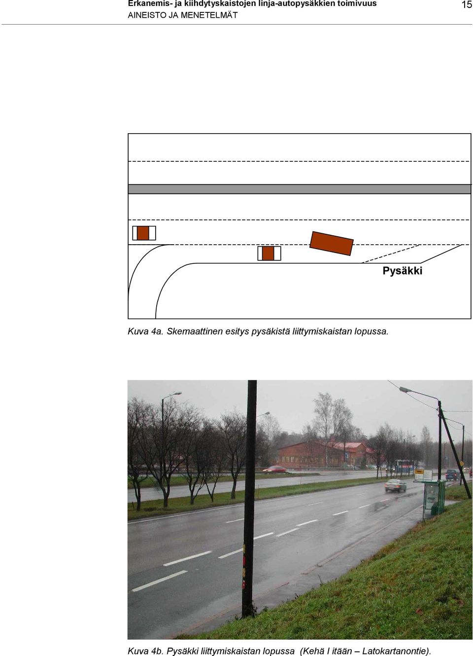 Skemaattinen esitys pysäkistä liittymiskaistan lopussa.