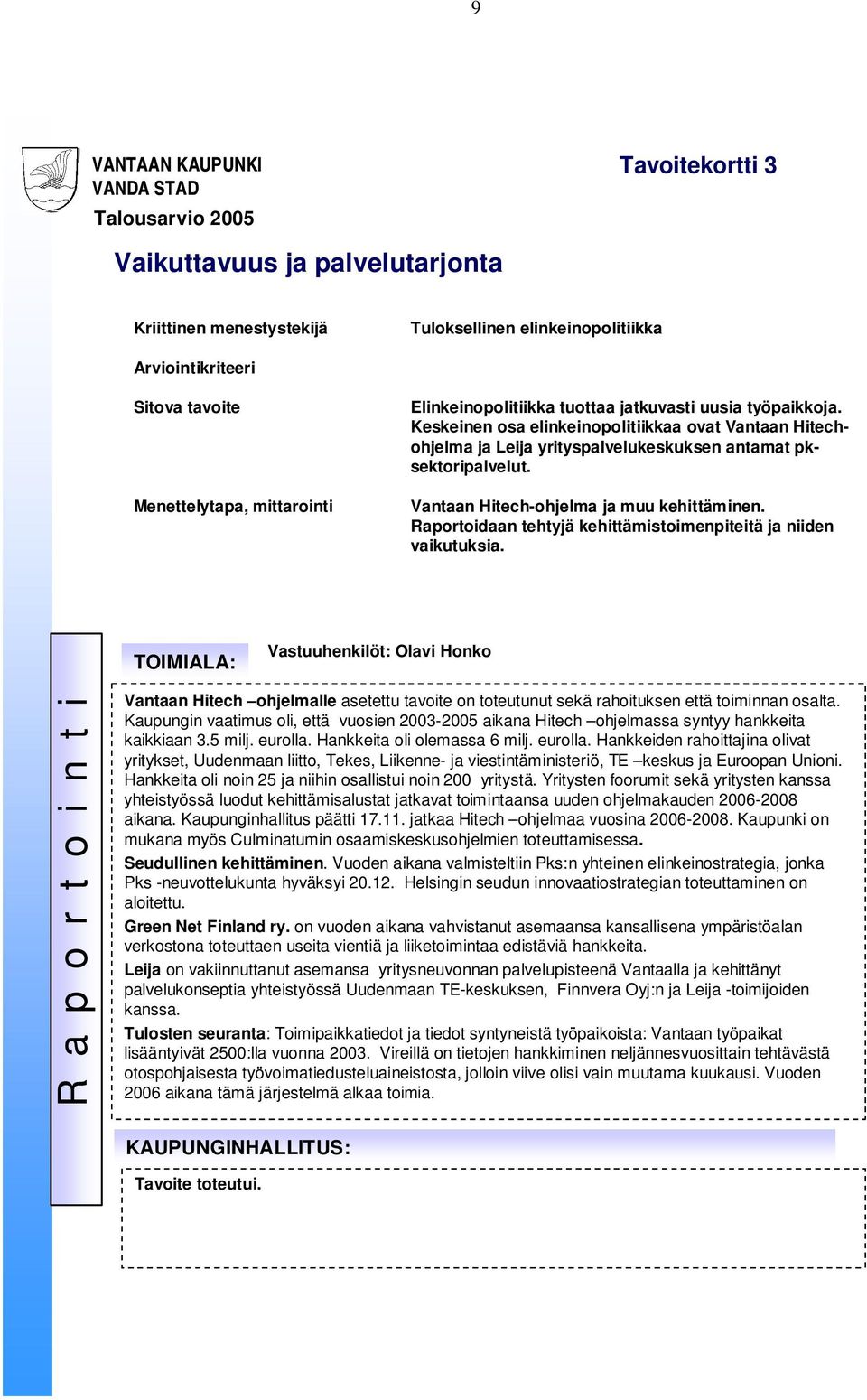 Keskeinen osa elinkeinopolitiikkaa ovat Vantaan Hitechohjelma ja Leija yrityspalvelukeskuksen antamat pksektoripalvelut. Vantaan Hitech-ohjelma ja muu kehittäminen.