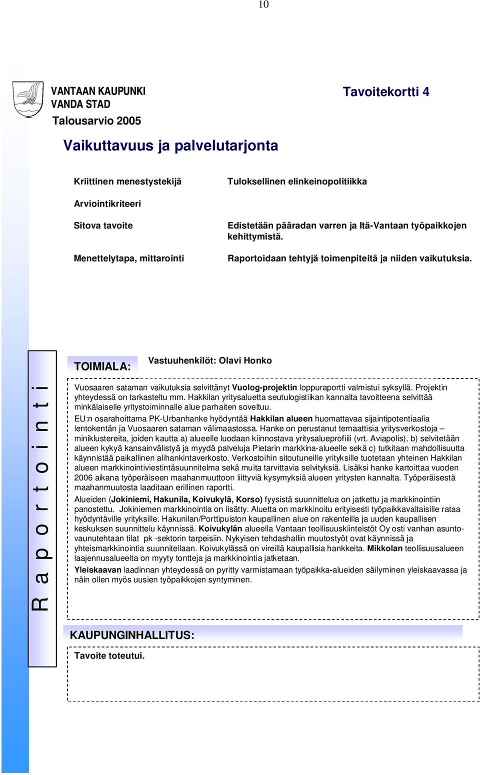 TOIMIALA: Vastuuhenkilöt: Olavi Honko R a p o r t o i n t i Vuosaaren sataman vaikutuksia selvittänyt Vuolog-projektin loppuraportti valmistui syksyllä. Projektin yhteydessä on tarkasteltu mm.