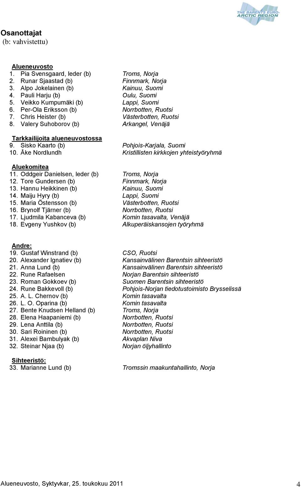 Sisko Kaarto (b) Pohjois-Karjala, Suomi 10. Åke Nordlundh Kristillisten kirkkojen yhteistyöryhmä Aluekomitea 11. Oddgeir Danielsen, leder (b) Troms, Norja 12. Tore Gundersen (b) Finnmark, Norja 13.