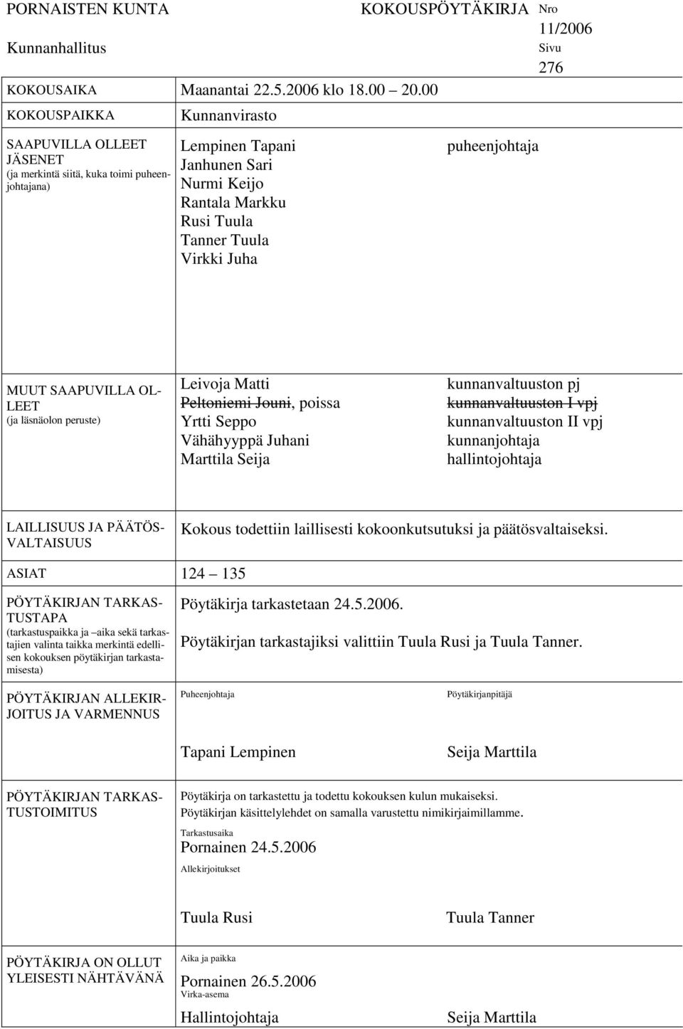 KOKOUSPÖYTÄKIRJA Nro 11/2006 puheenjohtaja Sivu 276 MUUT SAAPUVILLA OL- LEET (ja läsnäolon peruste) Leivoja Matti Peltoniemi Jouni, poissa Yrtti Seppo Vähähyyppä Juhani Marttila Seija