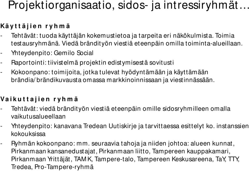 Yhteydenpito: Gemilo Social Raportointi: tiivistelmä projektin edistymisestä sovitusti Kokoonpano: toimijoita, jotka tulevat hyödyntämään ja käyttämään brändia/brändikuvausta omassa markkinoinnissaan