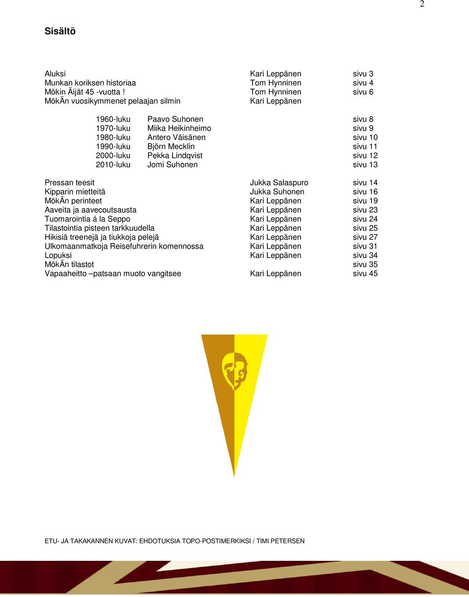 11 2000-luku Pekka Lindqvist sivu 12 2010-luku Jomi Suhonen sivu 13 Pressan teesit Jukka Salaspuro sivu 14 Kipparin mietteitä Jukka Suhonen sivu 16 MökÄn perinteet Kari Leppänen sivu 19 Aaveita ja