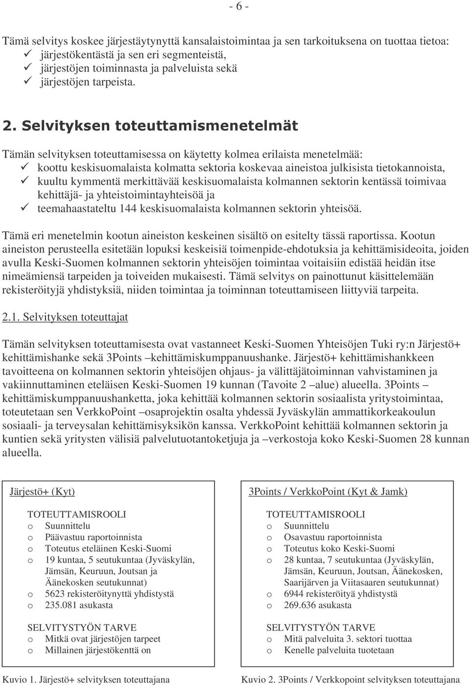 Tämän selvityksen toteuttamisessa on käytetty kolmea erilaista menetelmää: koottu keskisuomalaista kolmatta sektoria koskevaa aineistoa julkisista tietokannoista, kuultu kymmentä merkittävää