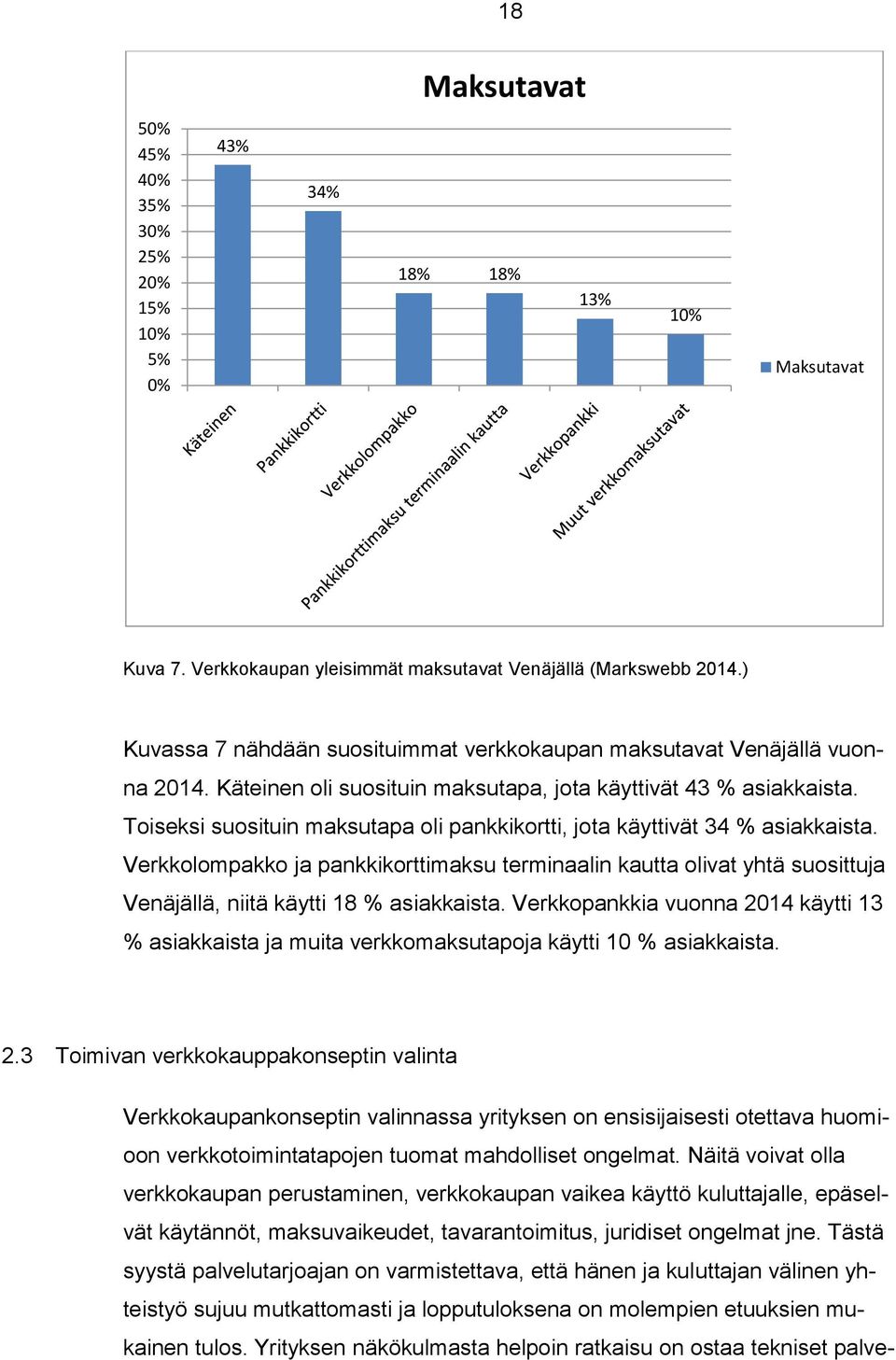 Toiseksi suosituin maksutapa oli pankkikortti, jota käyttivät 34 % asiakkaista. Verkkolompakko ja pankkikorttimaksu terminaalin kautta olivat yhtä suosittuja Venäjällä, niitä käytti 18 % asiakkaista.