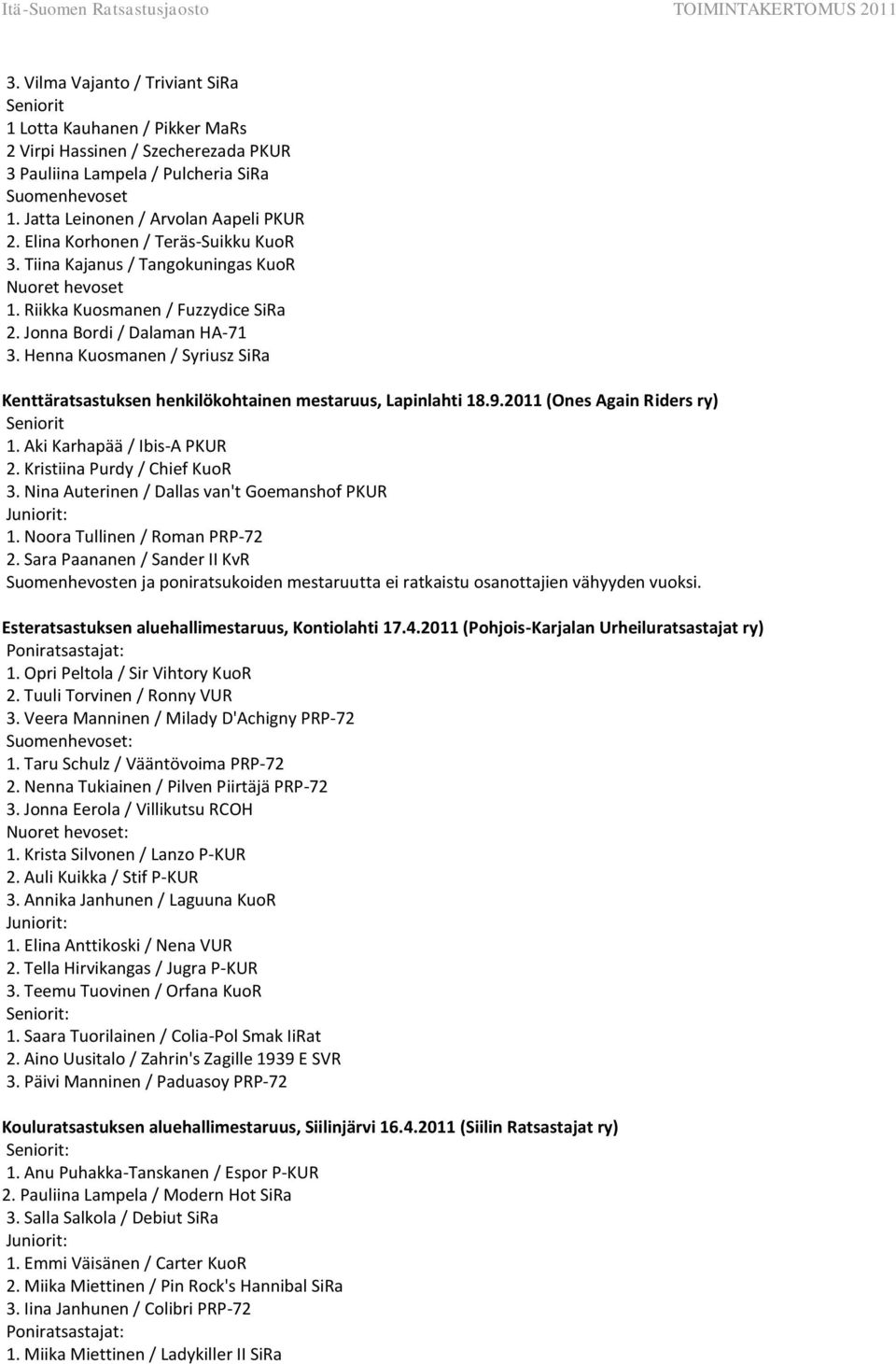 Henna Kuosmanen / Syriusz SiRa Kenttäratsastuksen henkilökohtainen mestaruus, Lapinlahti 18.9.2011 (Ones Again Riders ry) 1. Aki Karhapää / Ibis-A PKUR 2. Kristiina Purdy / Chief KuoR 3.