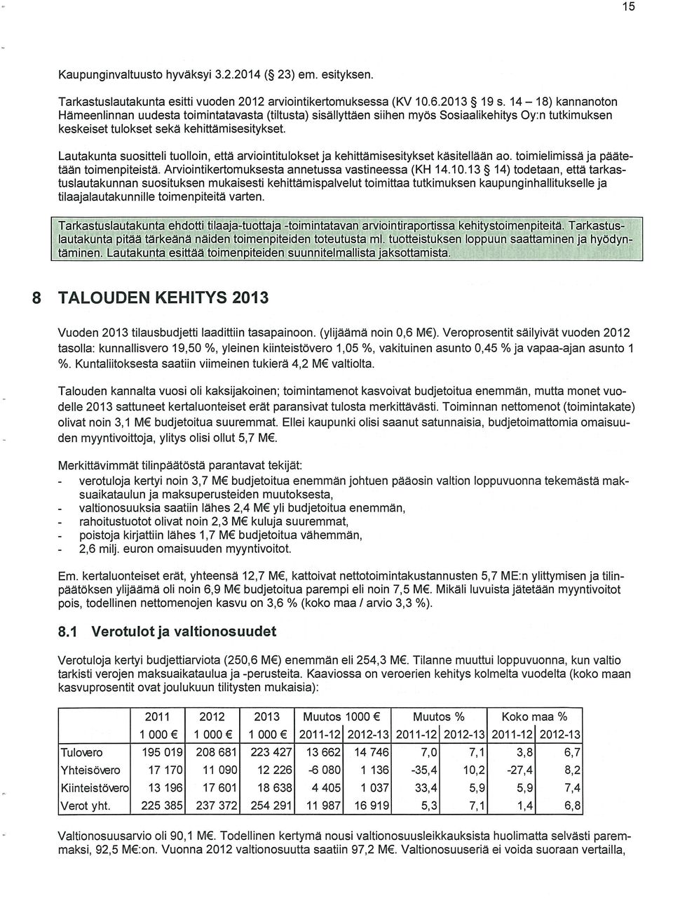 Lautakunta suositteli tuolloin, että arviointitulokset ja kehittämisesitykset käsitellään ao. toimielimissä ja pääte tään toimenpiteistä. Arviointikertomuksesta annetussa vastineessa (KH 14.10.