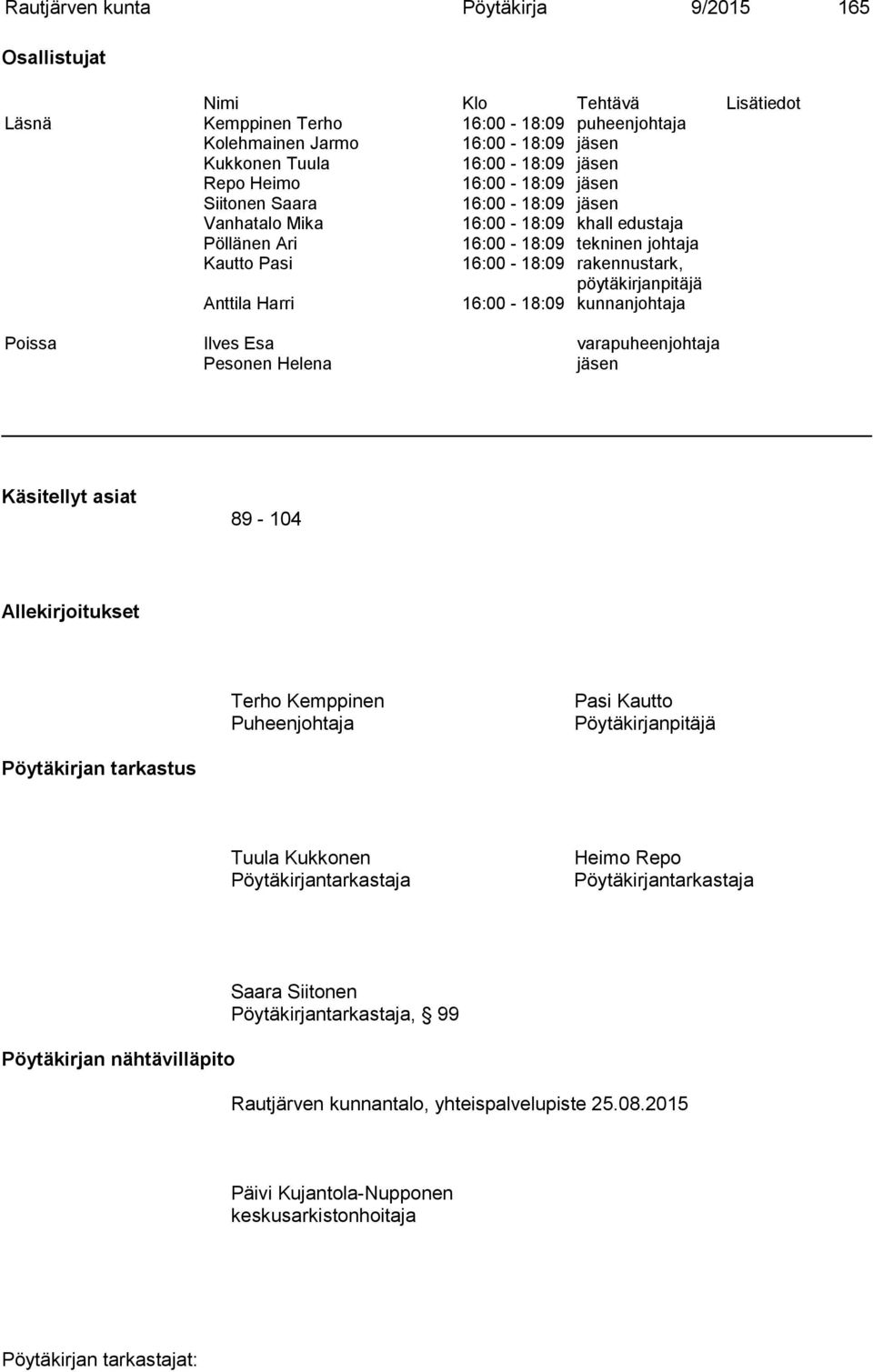 pöytäkirjanpitäjä Anttila Harri 16:00-18:09 kunnanjohtaja Poissa Ilves Esa varapuheenjohtaja Pesonen Helena jäsen Käsitellyt asiat 89-104 Allekirjoitukset Terho Kemppinen Puheenjohtaja Pasi Kautto