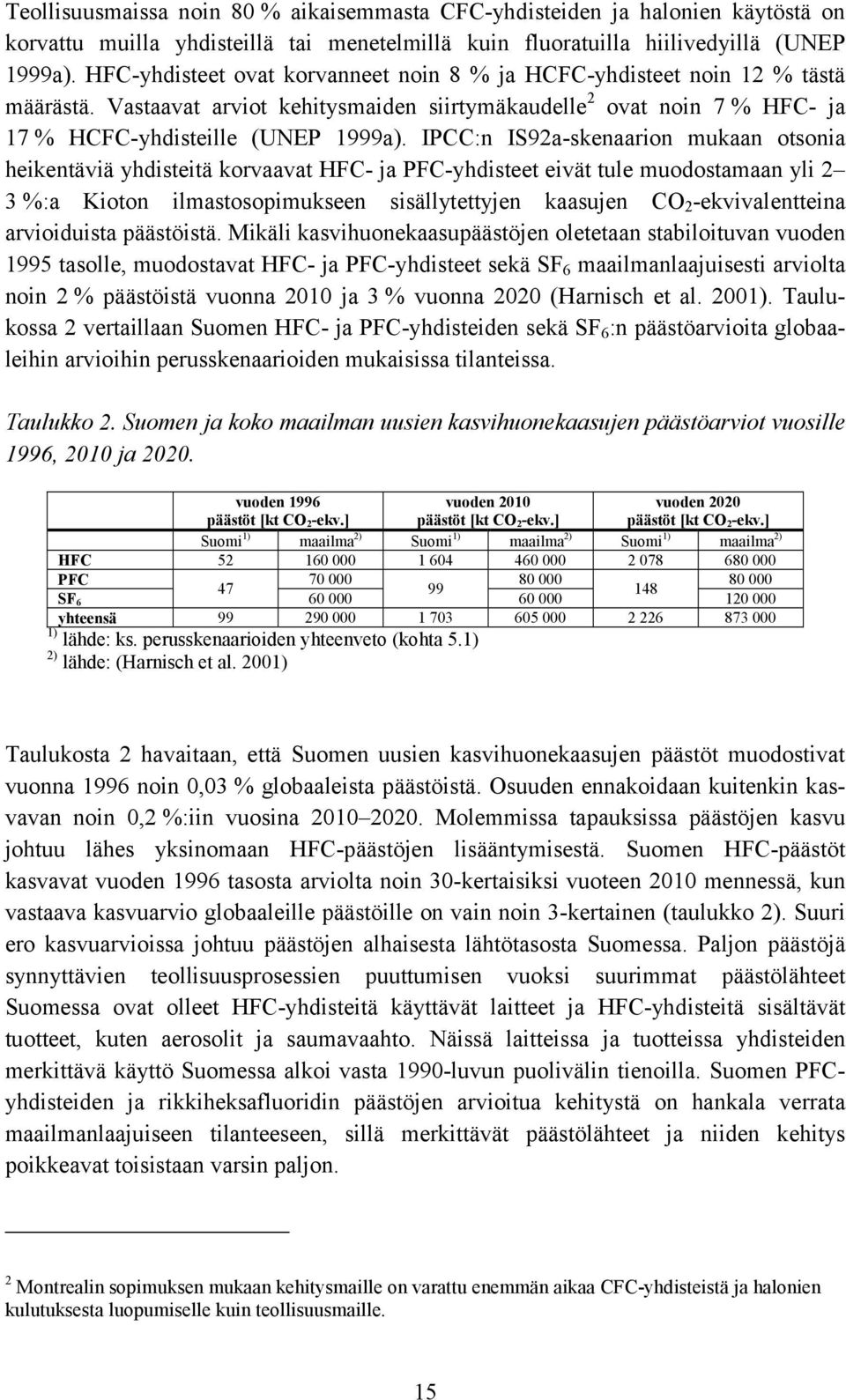 IPCC:n IS92a-skenaarion mukaan otsonia heikentäviä yhdisteitä korvaavat HFC- ja PFC-yhdisteet eivät tule muodostamaan yli 2 3 %:a Kioton ilmastosopimukseen sisällytettyjen kaasujen CO 2