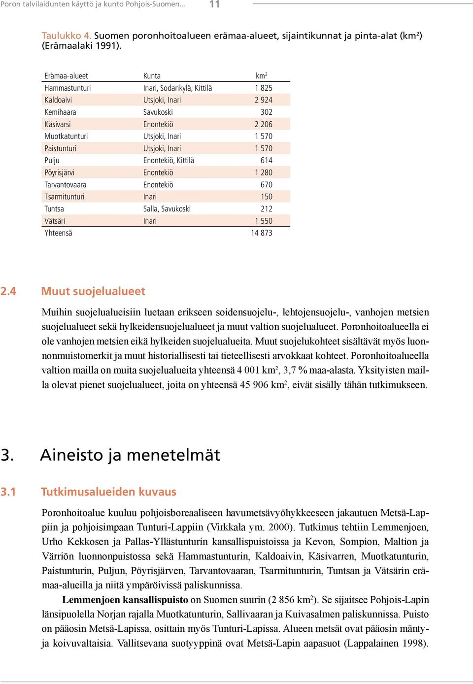 Utsjoki, Inari 1 570 Pulju Enontekiö, Kittilä 614 Pöyrisjärvi Enontekiö 1 280 Tarvantovaara Enontekiö 670 Tsarmitunturi Inari 150 Tuntsa Salla, Savukoski 212 Vätsäri Inari 1 550 Yhteensä 14 873 2.