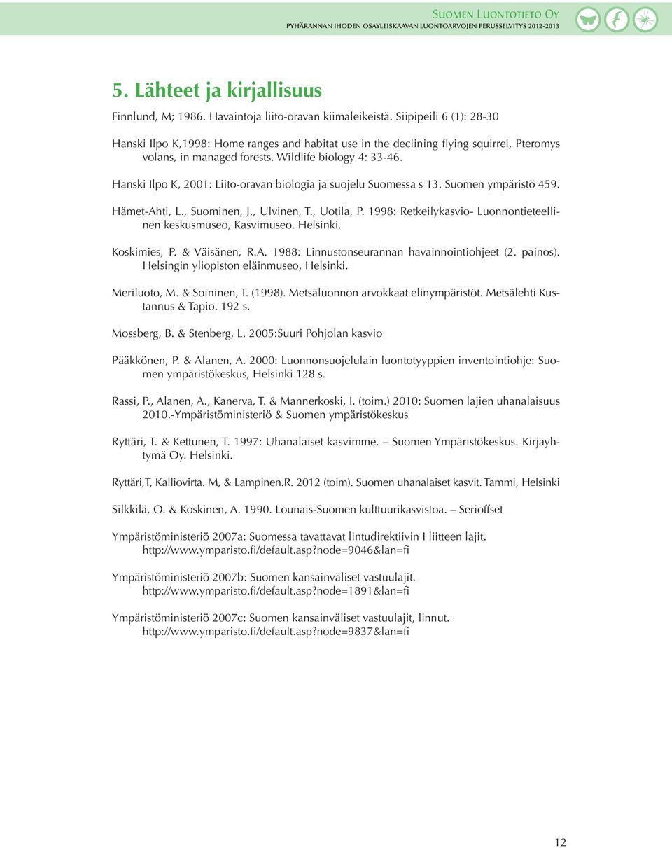 Hanski Ilpo K, 2001: Liito-oravan biologia ja suojelu Suomessa s 13. Suomen ympäristö 459. Hämet-Ahti, L., Suominen, J., Ulvinen, T., Uotila, P.