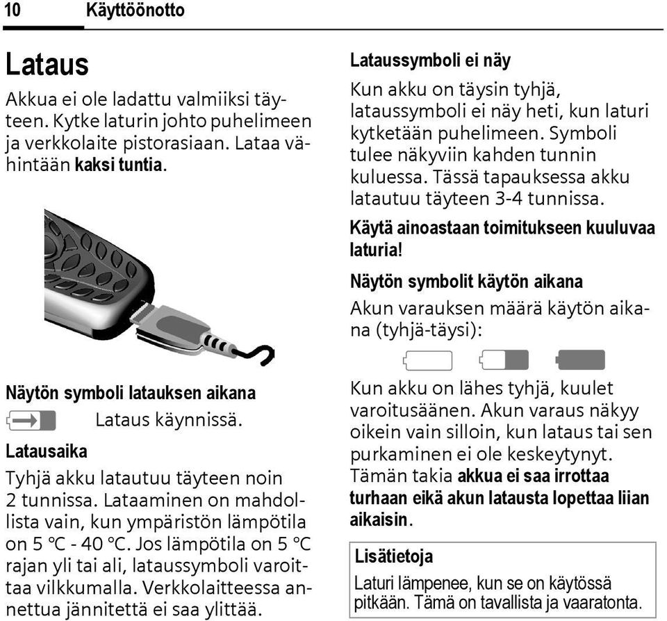 Jos lämpötila on 5 C rajan yli tai ali, lataussymboli varoittaa vilkkumalla. Verkkolaitteessa annettua jännitettä ei saa ylittää.