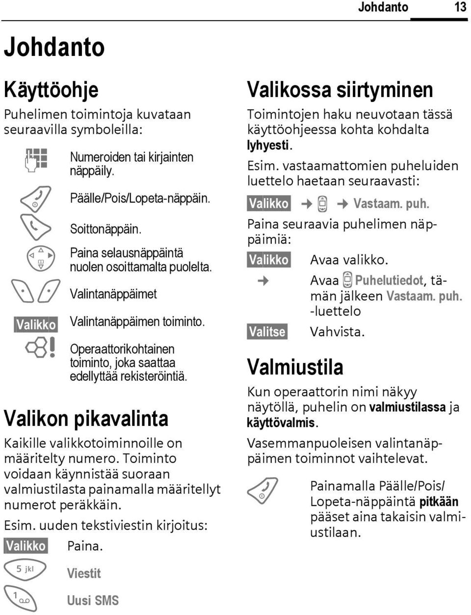 5 Viestit 1 Uusi SMS Numeroiden tai kirjainten näppäily. Päälle/Pois/Lopeta-näppäin. Soittonäppäin. D Paina selausnäppäintä nuolen osoittamalta puolelta.