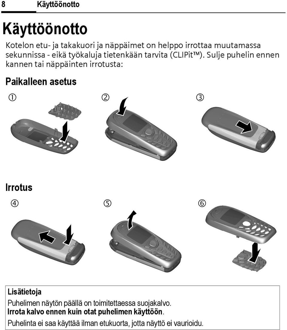 Sulje puhelin ennen kannen tai näppäinten irrotusta: Paikalleen asetus 1 2 3 Irrotus 4 5 6 Lisätietoja