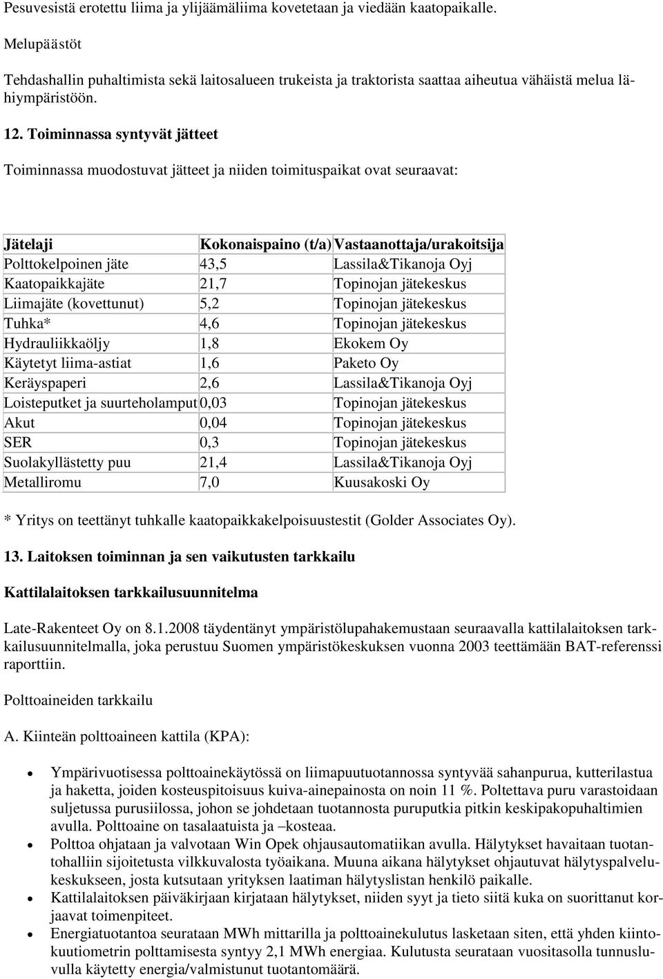 Toiminnassa syntyvät jätteet Toiminnassa muodostuvat jätteet ja niiden toimituspaikat ovat seuraavat: Jätelaji Kokonaispaino (t/a) Vastaanottaja/urakoitsija Polttokelpoinen jäte 43,5 Lassila&Tikanoja