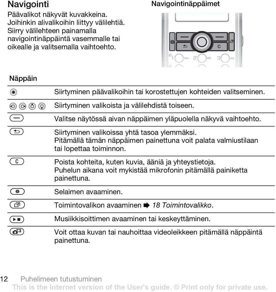 Valitse näytössä aivan näppäimen yläpuolella näkyvä vaihtoehto. Siirtyminen valikoissa yhtä tasoa ylemmäksi. Pitämällä tämän näppäimen painettuna voit palata valmiustilaan tai lopettaa toiminnon.