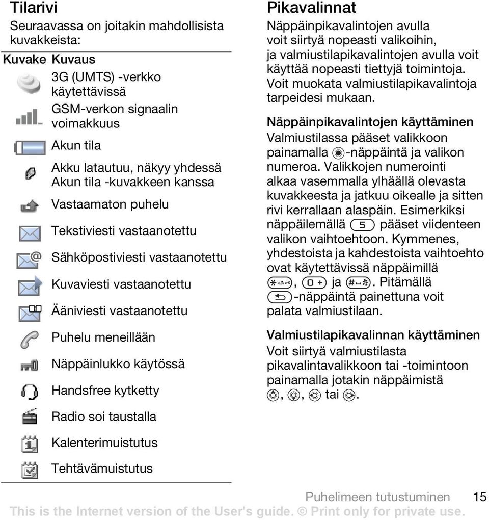 soi taustalla Pikavalinnat Näppäinpikavalintojen avulla voit siirtyä nopeasti valikoihin, ja valmiustilapikavalintojen avulla voit käyttää nopeasti tiettyjä toimintoja.