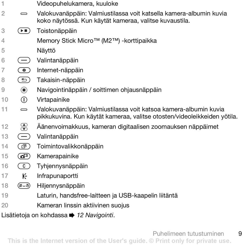 Valokuvanäppäin: Valmiustilassa voit katsoa kamera-albumin kuvia pikkukuvina. Kun käytät kameraa, valitse otosten/videoleikkeiden yötila.