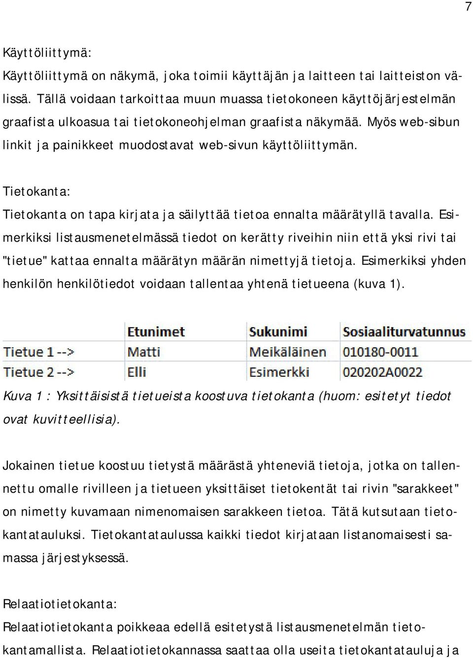 Myös web-sibun linkit ja painikkeet muodostavat web-sivun käyttöliittymän. Tietokanta: Tietokanta on tapa kirjata ja säilyttää tietoa ennalta määrätyllä tavalla.