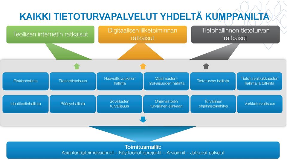 Tietoturvaloukkausten hallinta ja tutkinta Identiteetinhallinta Pääsynhallinta Sovellusten turvallisuus Ohjelmistojen turvallinen