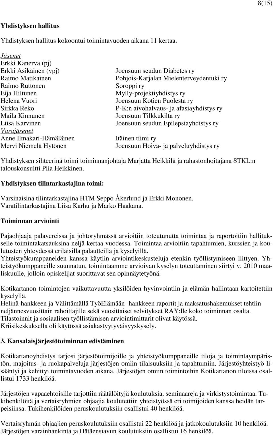 Niemelä Hytönen Joensuun seudun Diabetes ry Pohjois-Karjalan Mielenterveydentuki ry Soroppi ry Mylly-projektiyhdistys ry Joensuun Kotien Puolesta ry P-K:n aivohalvaus- ja afasia yhdistys ry Joensuun