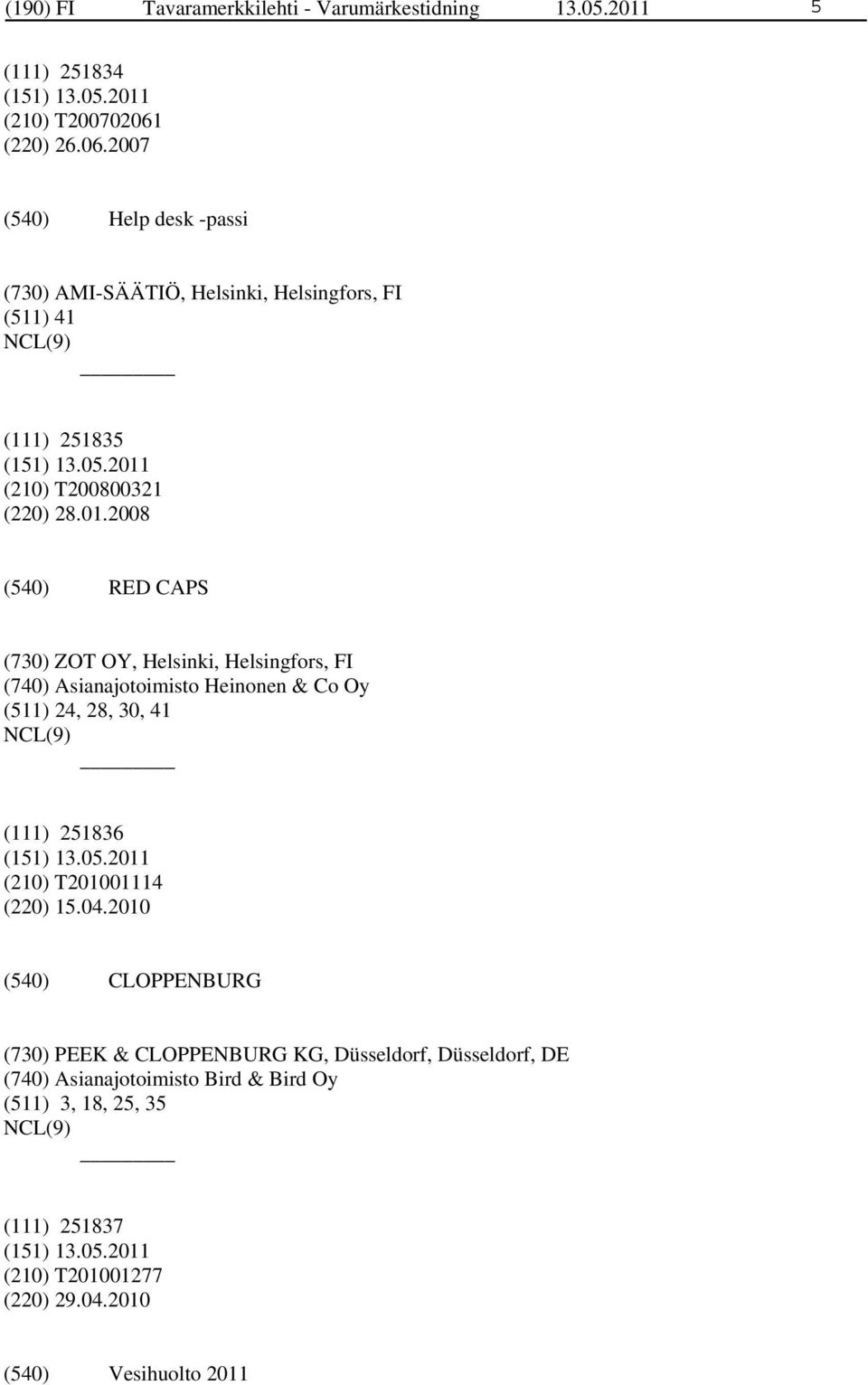 2008 RED CAPS (730) ZOT OY, Helsinki, Helsingfors, FI (740) Asianajotoimisto Heinonen & Co Oy (511) 24, 28, 30, 41 (111) 251836 (210)