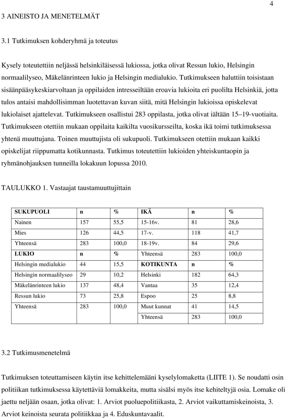 Tutkimukseen haluttiin toisistaan sisäänpääsykeskiarvoltaan ja oppilaiden intresseiltään eroavia lukioita eri puolilta Helsinkiä, jotta tulos antaisi mahdollisimman luotettavan kuvan siitä, mitä