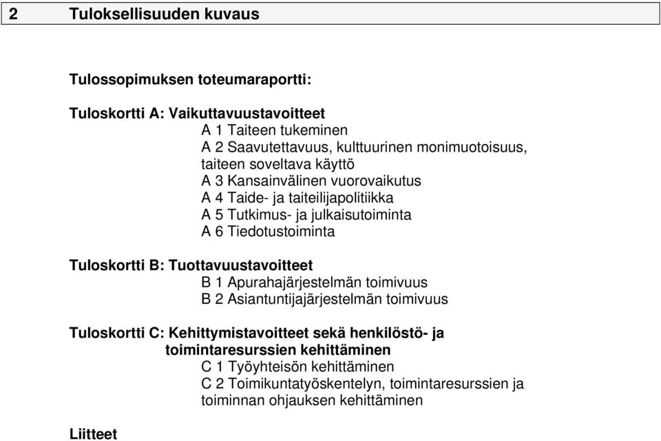 Tiedotustoiminta Tuloskortti B: Tuottavuustavoitteet B 1 Apurahajärjestelmän toimivuus B 2 Asiantuntijajärjestelmän toimivuus Tuloskortti C: