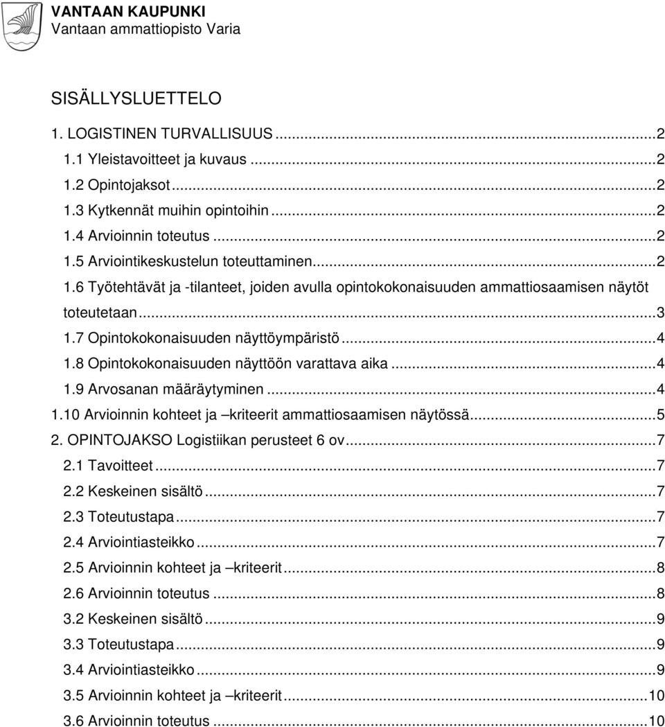 8 Opintokokonaisuuden näyttöön varattava aika...4 1.9 Arvosanan määräytyminen...4 1.10 Arvioinnin kohteet ja kriteerit ammattiosaamisen näytössä...5 2. OPINTOJAKSO Logistiikan perusteet 6 ov...7 2.