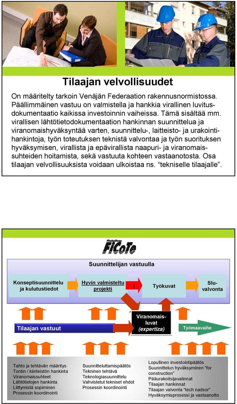 virallisen lähtötietodokumentaation hankinnan suunnittelua ja viranomaishyväksyntää varten, suunnittelu-, laitteisto- ja urakointihankintoja, työn toteutuksen teknistä valvontaa ja työn suorituksen