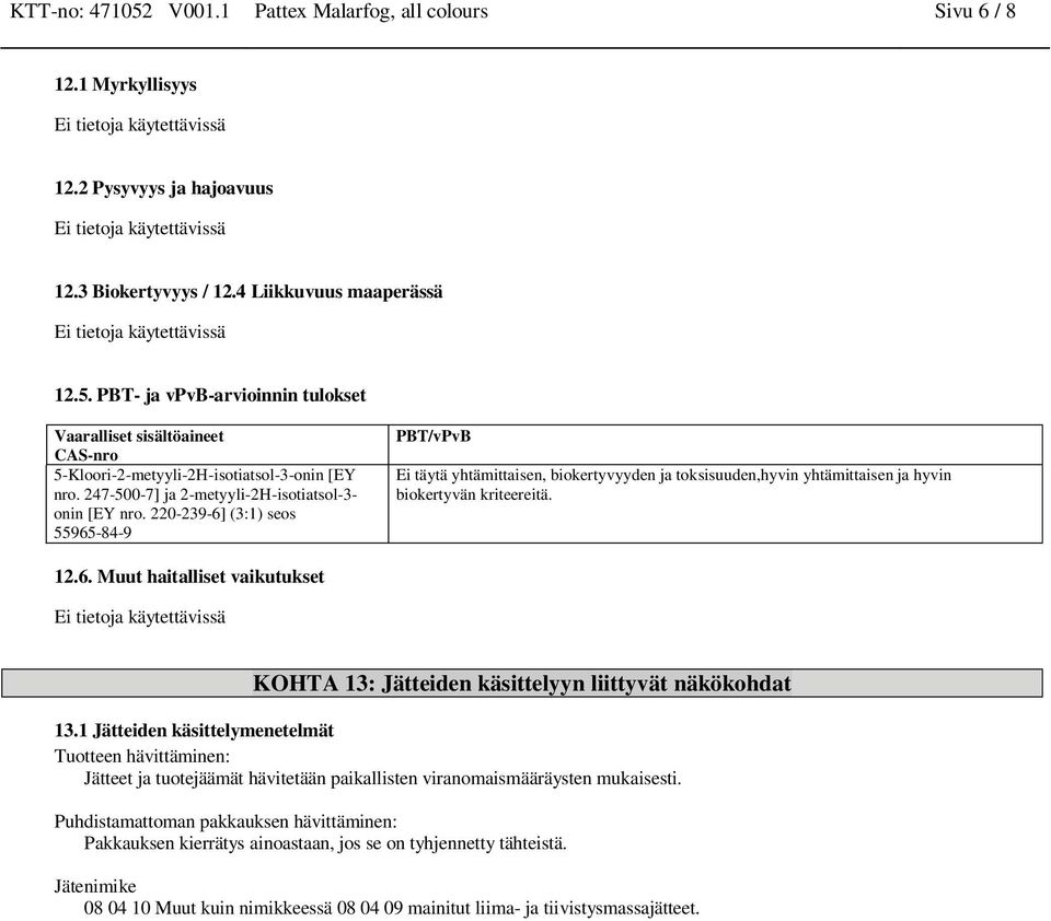 220-239-6] (3:1) seos 55965-84-9 PBT/vPvB Ei täytä yhtämittaisen, biokertyvyyden ja toksisuuden,hyvin yhtämittaisen ja hyvin biokertyvän kriteereitä. 12.6. Muut haitalliset vaikutukset KOHTA 13: Jätteiden käsittelyyn liittyvät näkökohdat 13.