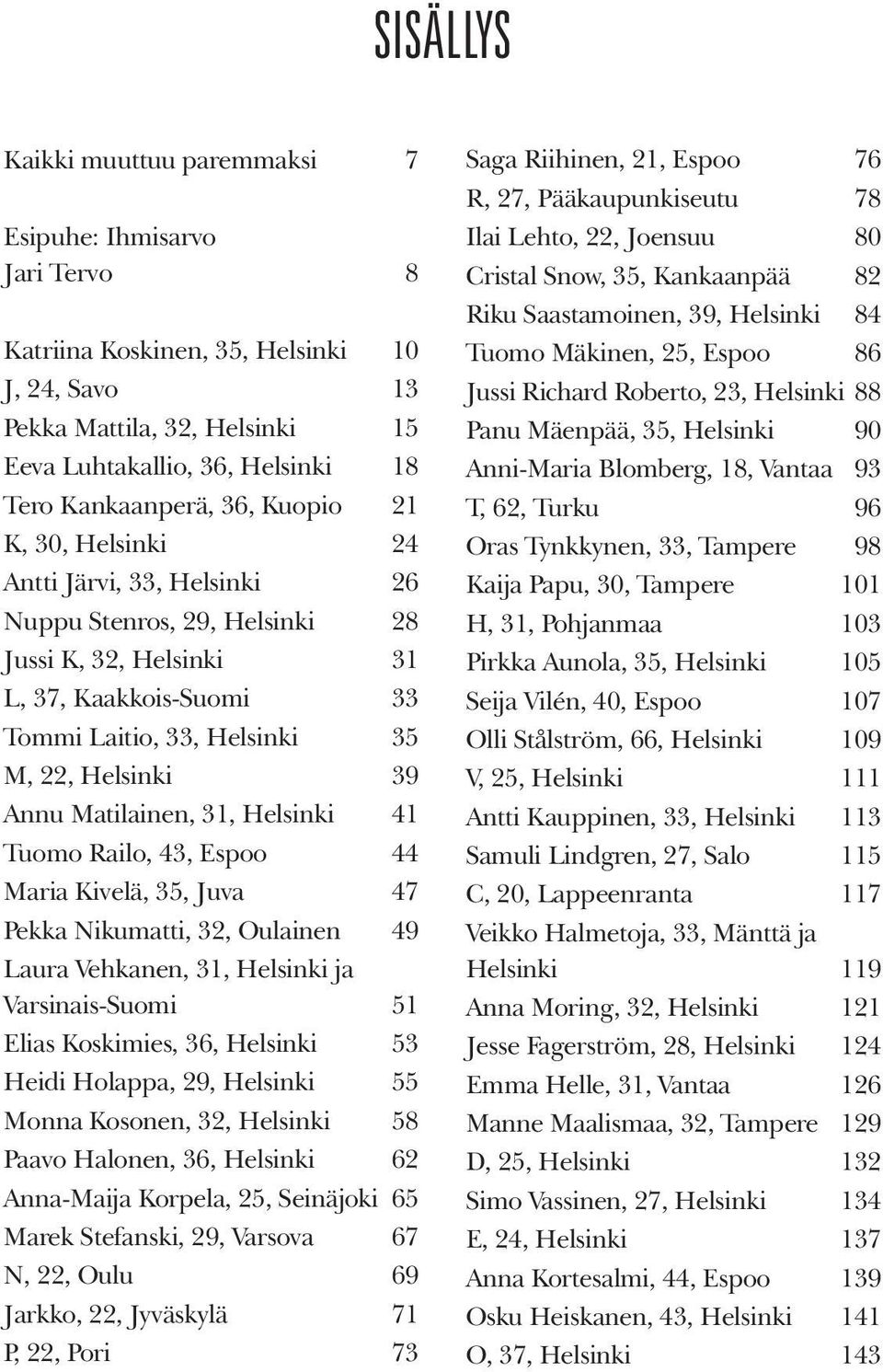 Helsinki 39 Annu Matilainen, 31, Helsinki 41 Tuomo Railo, 43, Espoo 44 Maria Kivelä, 35, Juva 47 Pekka Nikumatti, 32, Oulainen 49 Laura Vehkanen, 31, Helsinki ja Varsinais-Suomi 51 Elias Koskimies,