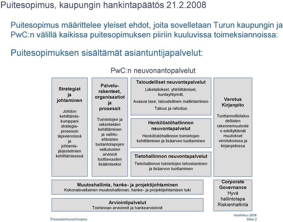 asiantuntijapalvelut: PwC:n neuvonantopalvelut Strategiat ja johtaminen Johdon kehittämiskumppani strategiaprosessin läpiviennissä ja johtamisjärjestelmien kehittämisessä Palvelurakenteet,