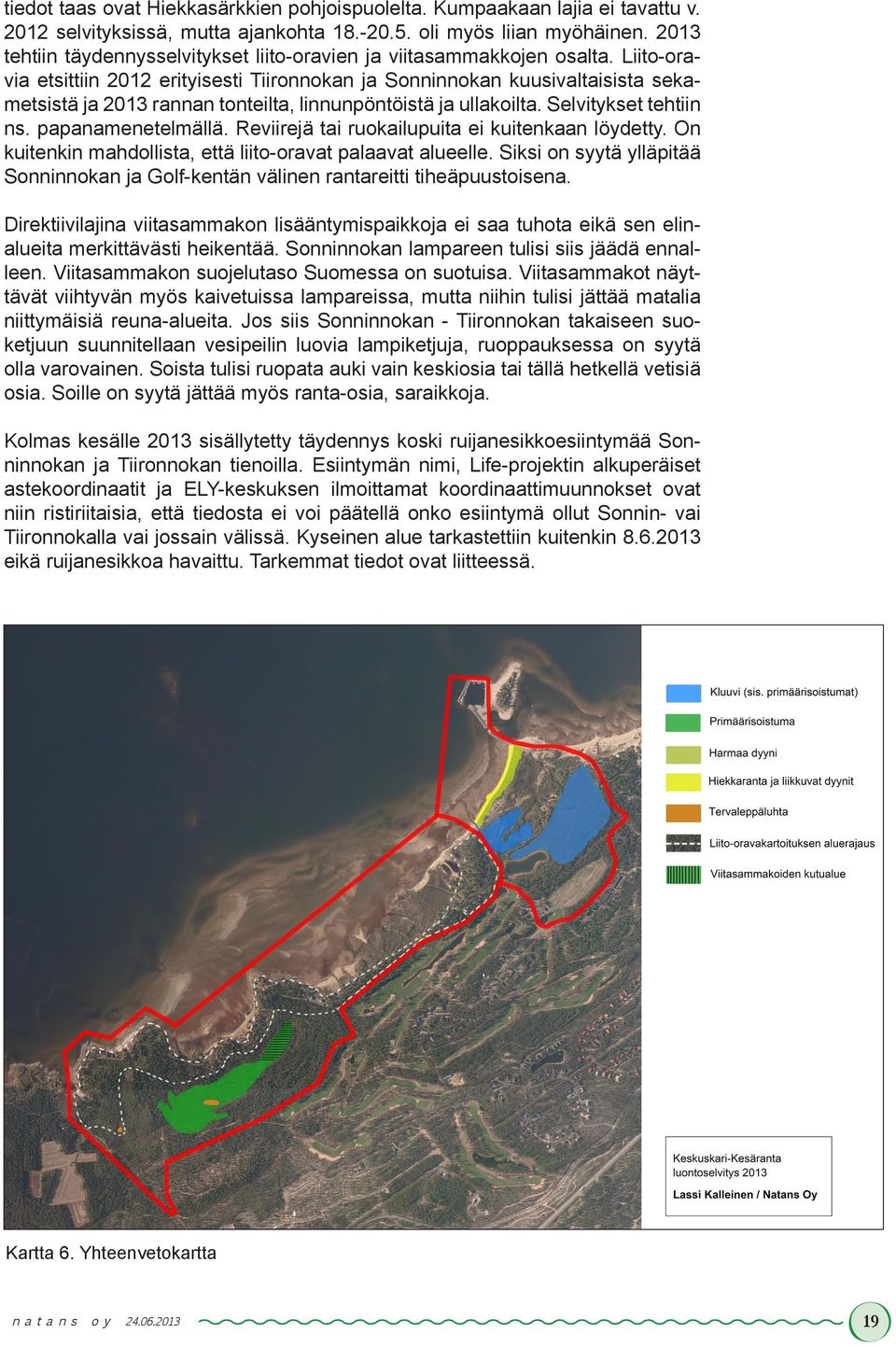 Liito-oravia etsittiin 2012 erityisesti Tiironnokan ja Sonninnokan kuusivaltaisista sekametsistä ja 2013 rannan tonteilta, linnunpöntöistä ja ullakoilta. Selvitykset tehtiin ns. papanamenetelmällä.