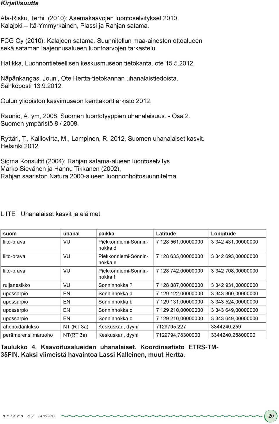 Näpänkangas, Jouni, Ote Hertta-tietokannan uhanalaistiedoista. Sähköposti 13.9.2012. Oulun yliopiston kasvimuseon kenttäkorttiarkisto 2012. Raunio, A. ym, 2008. Suomen luontotyyppien uhanalaisuus.